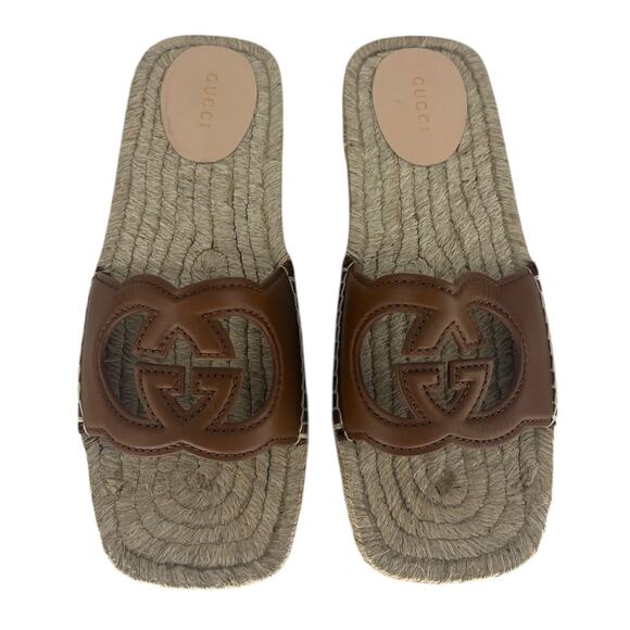 Gucci Carlos Interlocking GG Cut Out Slide Espadrille Sandals in Brown - Picture 5 of 16